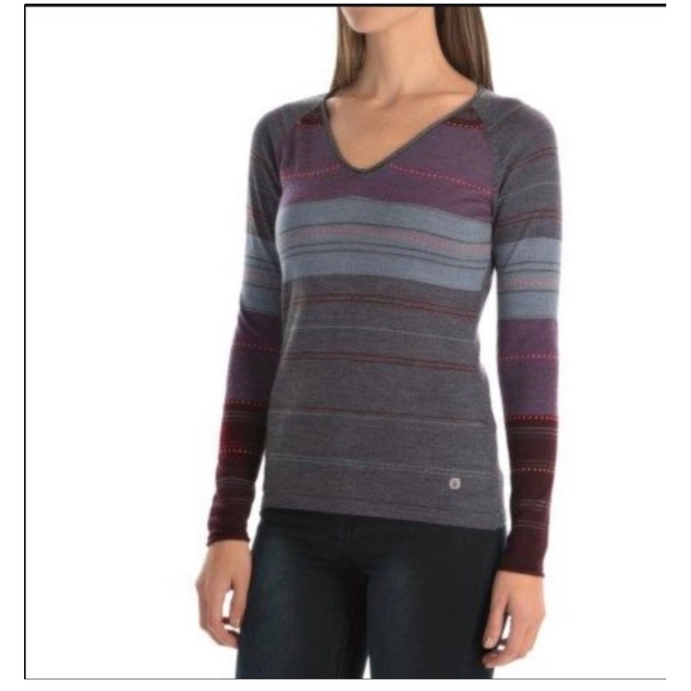 Smartwool Womens XS Merino Wool V-Neck Striped Raglan Sweater Gray SW0SR253